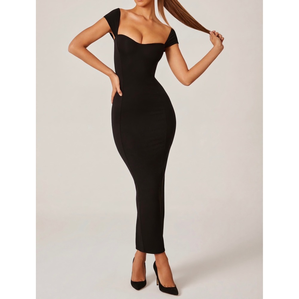 Oh Polly Black Modal Sweetheart Maxi Dress Cap Sleeve Size US 14 NEW